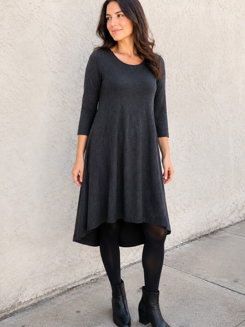 Eileen Fisher 100% Wool Charcoal Gray A-Line Swing Dress Minimalist Size S